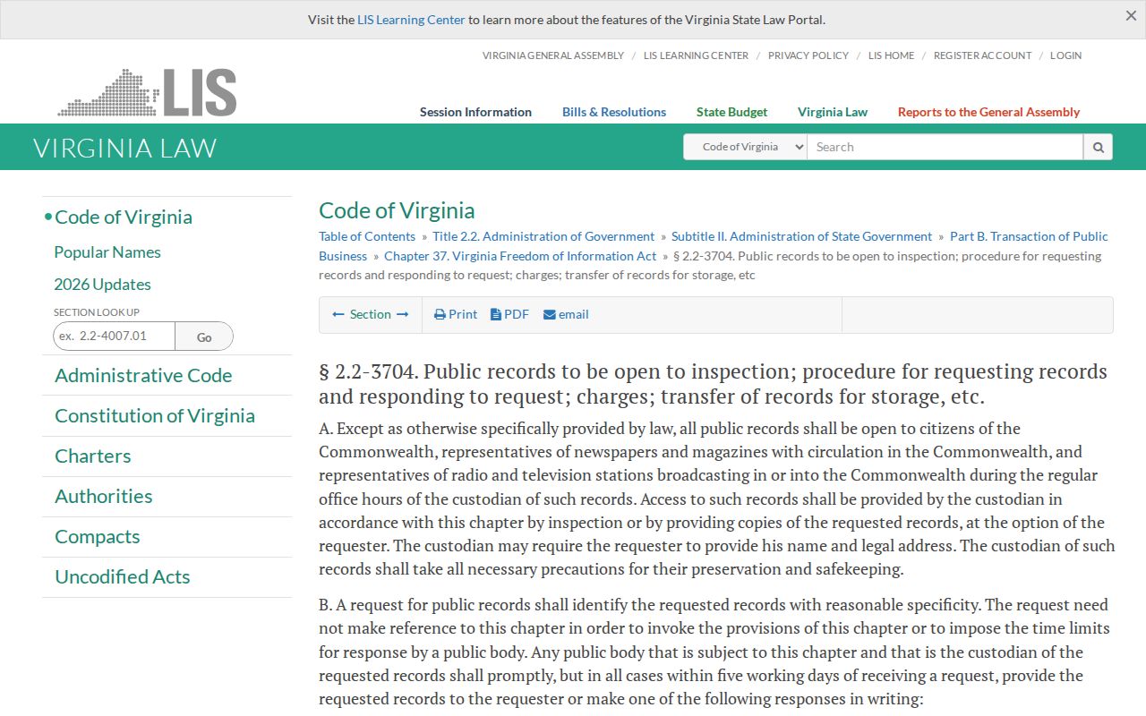 Bailey's Crossroads residents directory Virginia Freedom of Information Act procedure