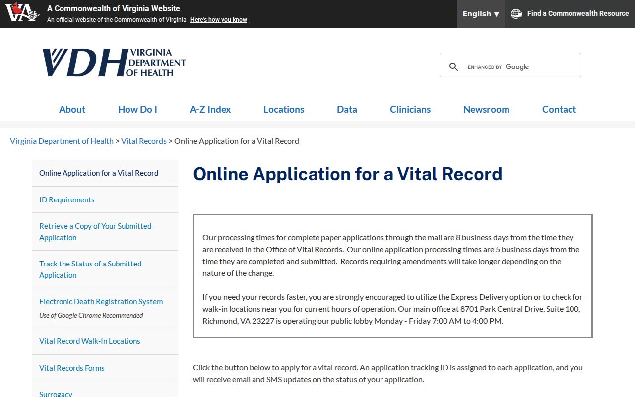Bailey's Crossroads resident lookup Virginia vital records application instructions